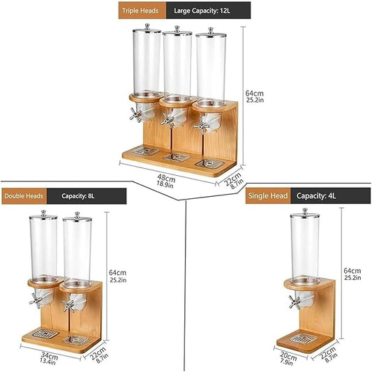 3.5L/7L/10.5L Dry Food Dispenser, Triple-Head Cereal Storage Container with PC Barrel and Wood Base for Rice, Candy, Beans, and Nuts(Triple head)