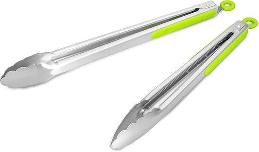 304 Stainless Steel Kitchen Cooking Tongs, 12" and 14" Set of 2 Sturdy Grilling Barbeque Brushed Locking Food Tongs with Ergonomic Grip, Green