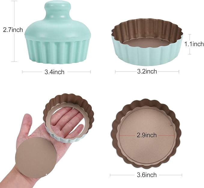 Mini Round Tart Pan with Removable Bottom, Nonstick Mini Pie Pans for Baking, Carbon Steel Quiche Pan Set for Cupcake Muffin Cakes and Desserts, Including 6 Tart Pan and 1 Tart Tamper (Green)