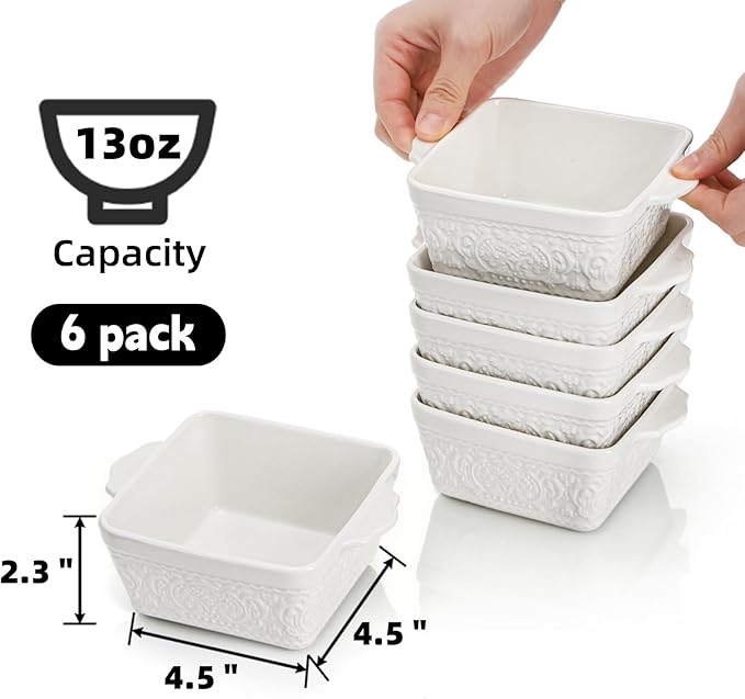 6 Pack 13 OZ Ceramic Baking Dishes, 4.5" Mini Square Bakeware Set, Small Baking Pan with Handle, Individual Casserole Dish for Oven, Roasting, Lasagna, Pie, Gratin, Microwave Safe, White