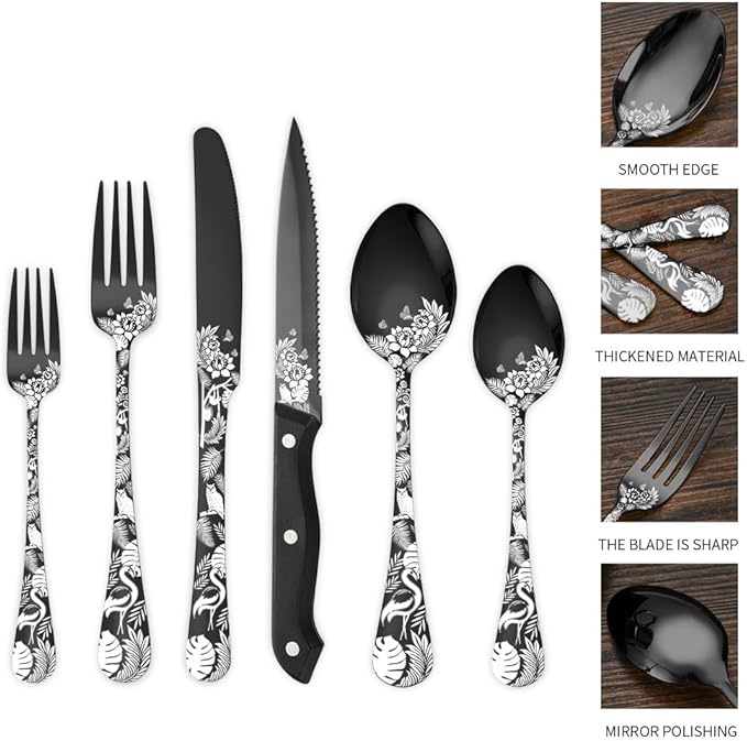 Premium 24 Piece Western Pattern Steak Knife,Fork and Spoon Set,Set for 4,Stainless Steel Cutlery Set with Gift-Ready Box,Dishwasher Safe, Ergonomic Design (Black)