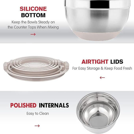 Mixing Bowls Set with Airtight Lids: 20PCS Stainless Steel Nesting Bowls - Size 7, 4, 3, 2, 1.5, 1QT Bowls with 3 Grater Attachments & Non-Slip Bottoms for Baking & Prepping