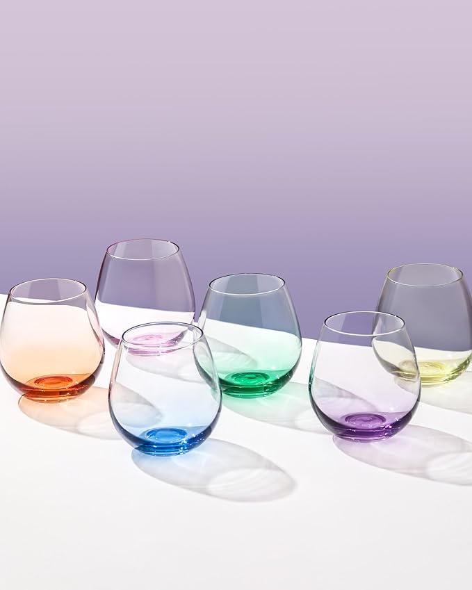 ColoVie Stemless Wine Glasses Set of 6, Large Colored Wine Glasses, Short Wine Glass Set for Red Wine, White, Red, No Stem Margarita Glasses, 15 oz