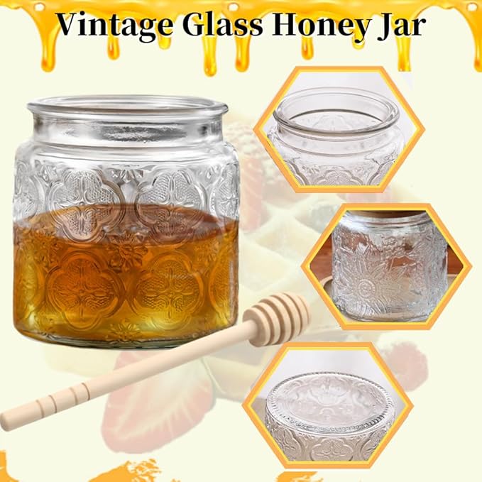 ANSQU Honey Pot, Airtight Glass Honey Jar with Bamboo Lid and Dipper Stick, Honey Container for Storing Jam Mason Jar for Home Kitchen, 17oz (Square Begonia, 1 Pack)