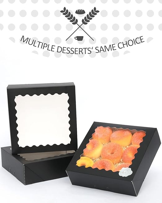 qiqee Auto-pop Up Black Pie Boxes with Window 10x10x2.5 inch 20Packs Cookie Donut Bakery Box