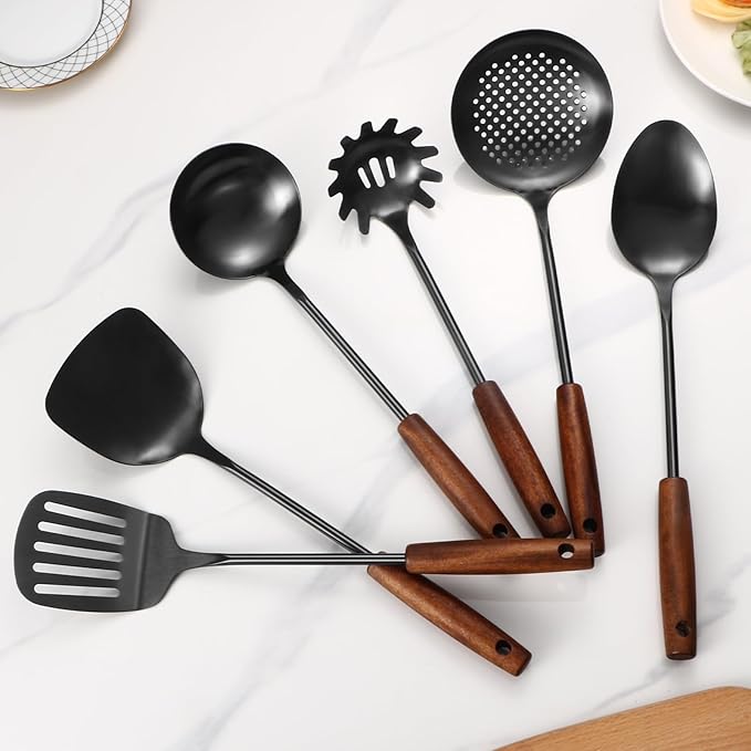 304 Stainless Steel Kitchen Utensils Set, 6 Pcs Long Cooking Utensils Set with Wooden Handle, Large Heat Resistant Kitchen Tools(Black, Dishwasher Safe)