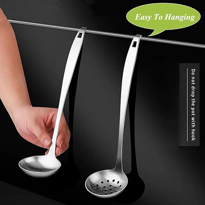 Stainless Steel Soup Ladle,Serving Ladle Scoop And Slotted Spoon Set Of 2 with Hook and Hole for Easy Hanging,Cooking Utensils Set for Kitchen