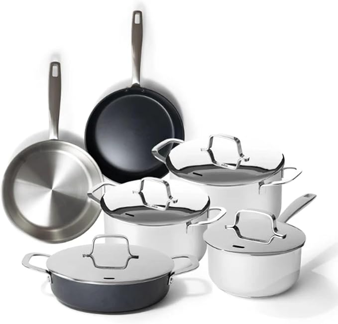 Alva Maestro Cookware Set 10-Piece Set - Stainless Steel Pots and Nonstick Ceramic Frying Pans - Oven Safe, Easy to Clean and Made without PFAS, PFOA & PTFE - Induction and All Stovetop Compatible