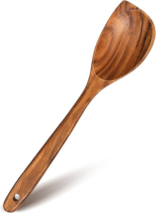 Wooden Spoons for Cooking, Natural Premium Teak Wood Corner Spoon, Good Grip Large Wooden Spoons & Wooden Spatula, Heat Resistant Wooden Cooking Utensils for Nonstick Cookware Cooking Gift - Left Hand