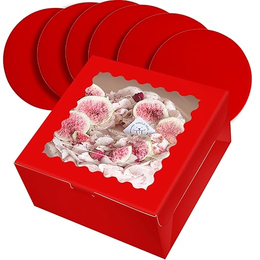 qiqee 10x10x5 Cake Box, 18 Sets Red Cake Box with Window ＆ 18 Sets 10" Red Cake Round Boards, 10inch Cake Containers