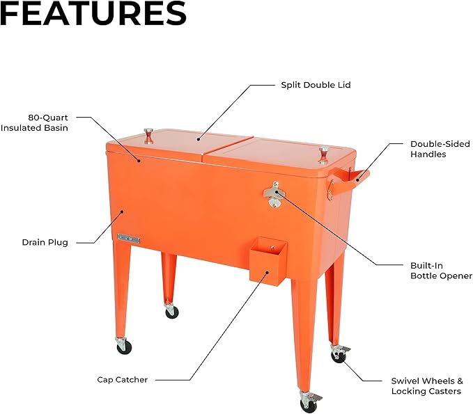 Permasteel 80 Quart Party Cooler, Rolling Ice Chest with Wheels and Handles for Indoor Outdoor Patio