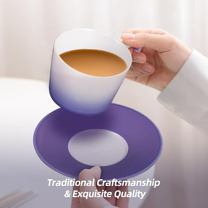 KAMMAK Porcelain Espresso Cups with Saucers, Ceramic Coffee Cups and Saucers Set of 2, Handcrafted Cappuccino Cup with Saucer for Tea Party, Holiday, Office, Gifts (Gradient Purple, 7oz)