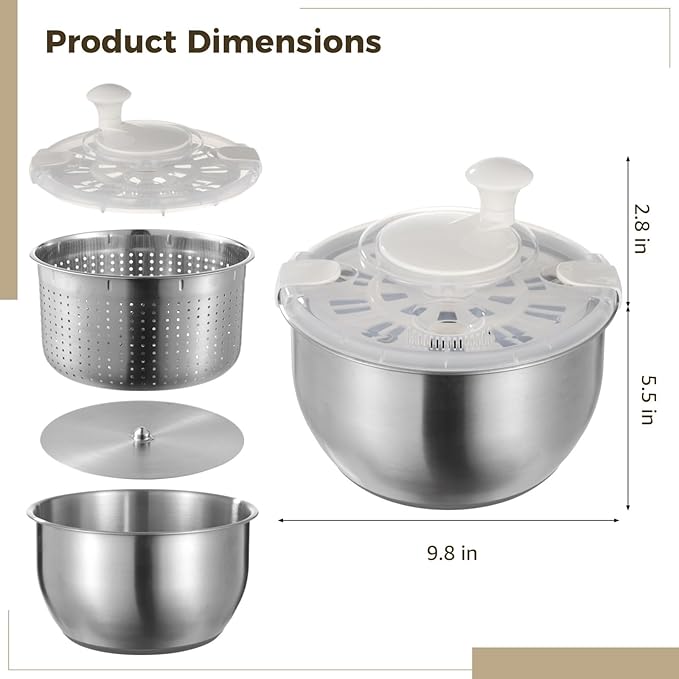 Vegetable Lettuce Spinner Strainer Set, Large Fruit Straining Spinner, Stainless Steel Salad Spinner With Lid Self-Locking