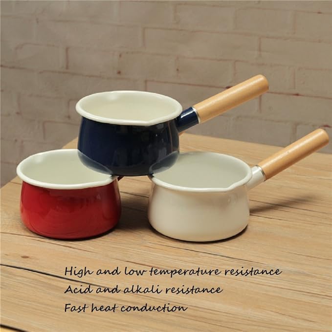 Enamel Milk Pan with Dual Pour Spout Butter Warmer Milk Pot for Stove Top Healthy White Enameled Inside Coating Iron 1QT Small Soup Pot with Wooden Handle (White)