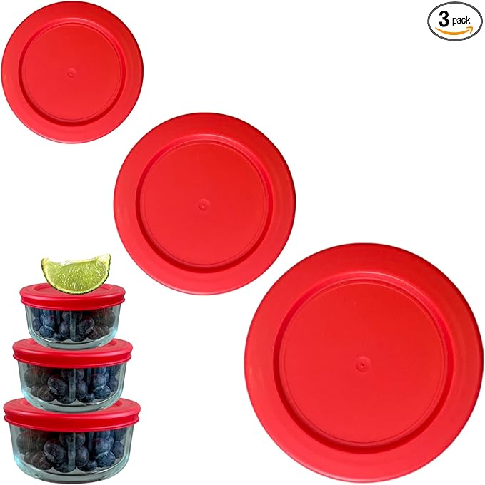 2, 4 & 7 Cup Red Replacement Lids/Covers for Pyrex, Anchor Hocking & KlareWare Storage Bowls *Lids Only Glass Container Not Included* (3 Pack *One of Each Size*)
