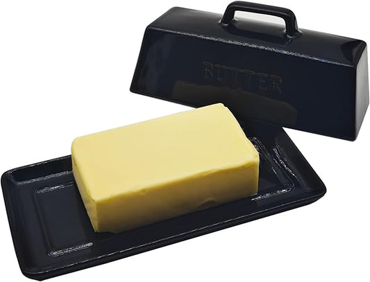 Ceramic Butter Dish With Lid for Countertop, Covered Butter Container, Large Butter Holder With Lid, Butter Tray With Handle Black