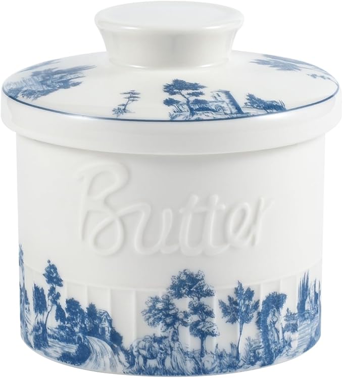 Butter Crock with Water Line, Ceramic Butter French Keeper Dish with Lid for Fresh Spreadable Butter (Forest Blue)