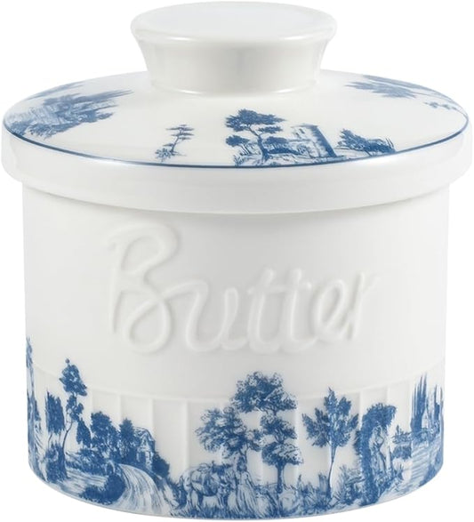 Butter Crock with Water Line, Ceramic Butter French Keeper Dish with Lid for Fresh Spreadable Butter (Forest Blue)