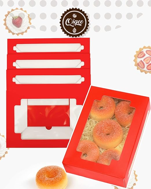 qiqee Red Cookie Boxes for Gift Giving 8x5.3x2 inch 24Packs Red Treat Box with Window Bakery Box for Donuts Candies and Biscuit