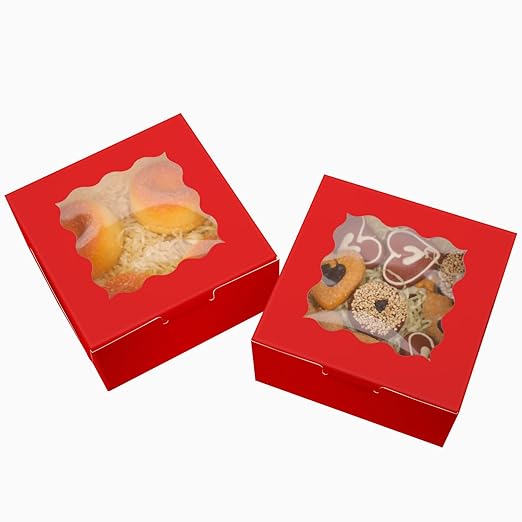 Bakepacker 60pcs Red Bakery Boxes with Window 6x6x3 inches Thick & Cookie Boxes & Sturdy Macaroon Pastry