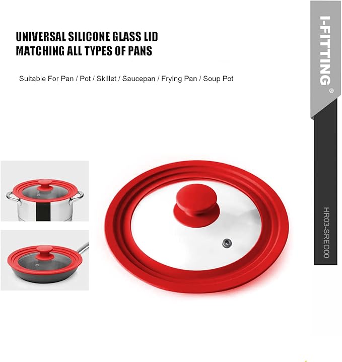 Universal Lid for Pot,Pan,Skillet Fits 11”,12”, 12.5”Cookware Silicon lid Dishwasher Safe, Replacement Lid Vented Tempered Glass with Heat Resistant Silicone Rim By HR Huare Technology, Red,1 Pack