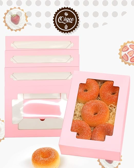 qiqee 36Packs Auto-pop Pink Cookie Boxes for Gift Giving 8x5.3x2 inch One Second Folding Pink Bakery Box with Window Treat Box for Donuts Candies and Biscuit