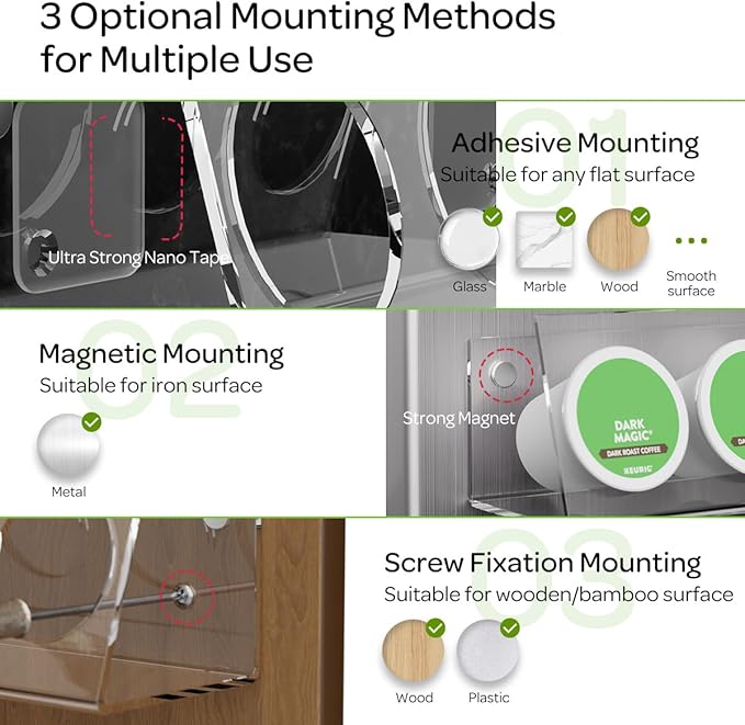 K Cup Holders, Acrylic Coffee Pods Organizer Stand Magnetic & Self-Adhesive for Kitchen Wall, Cabinet, Fridge (4 Pack for 16 Pods)