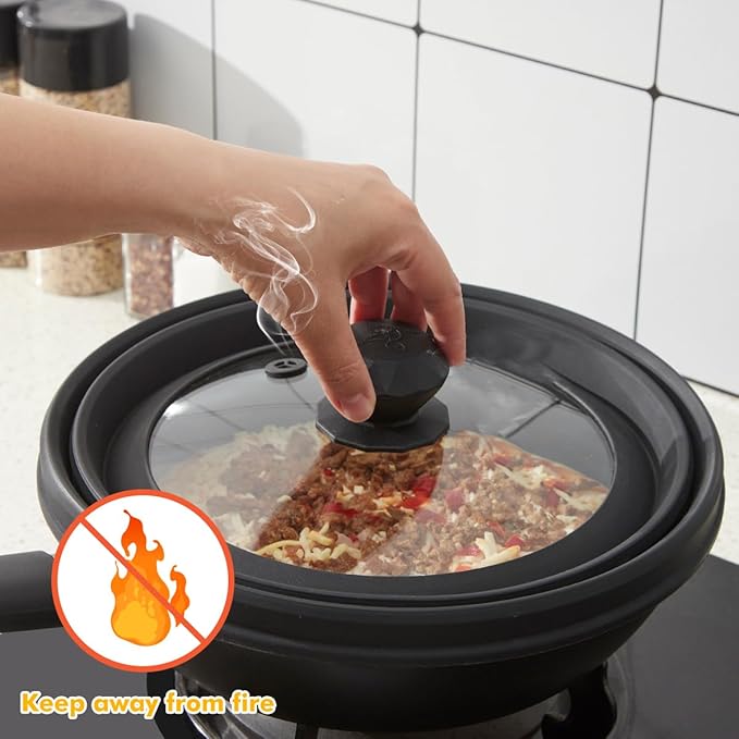 Microwave Splatter Cover Vented Glass Splatter Guard Lid with Collapsible Silicone for Food as Pot Cover Plate 9.8 inch Black