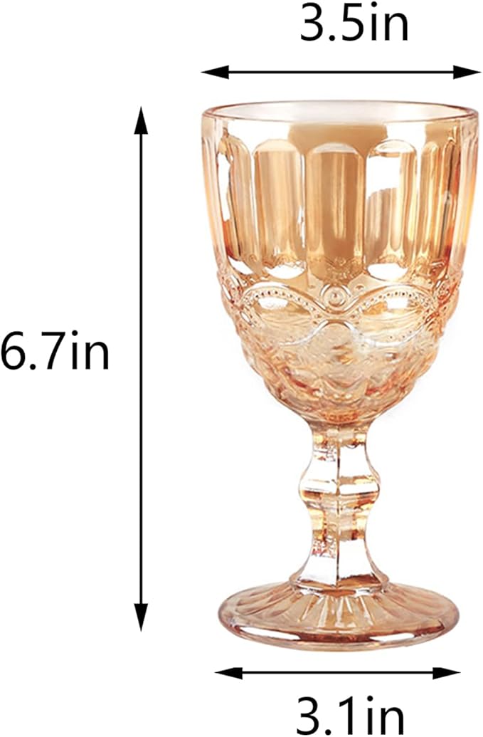 24 Pcs Vintage Wine Glasses, 10 Ounces Colored Glass Water Goblets, Unique Embossed Pattern High Clear Stemmed Glassware Wedding Party Bar Glass Drinking Cups, Floral Amber Glasses Set of 24