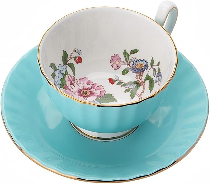 Aynsley Handpainting Colored Glaze Pembroke Oban Fine Bone China English Tea Cup and Saucer Set, 6.1 oz (Turq)