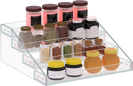 PMMASTO Widen Tiered Spice Rack, Seasoning Organizer, Clear Acrylic Vertical Shelves Can Organizer for Countertop, Cabinet, Pantry, Kitchen Organization and Storage - 4 Tier
