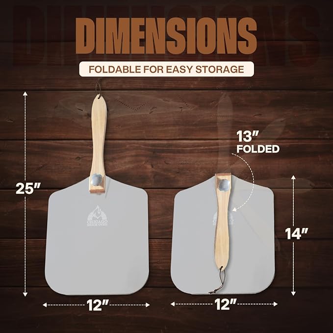 Aluminum Pizza Peel 12" x 14" with Foldable Wooden Handle, 25" Long Turning Spatula, Pizza Paddle, Pizza Spatula Paddle, Aluminum Metal Pizza Peel 12 Inch, Pizza Accessories