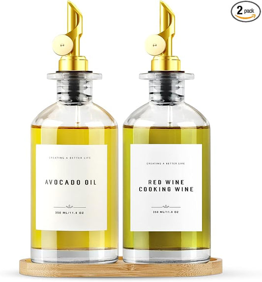 Olive Oil Dispenser Bottle with Bamboo Tray, Metal Pour Spout, Coffee Syrup & Cooking Oil Dispenser for Kitchen