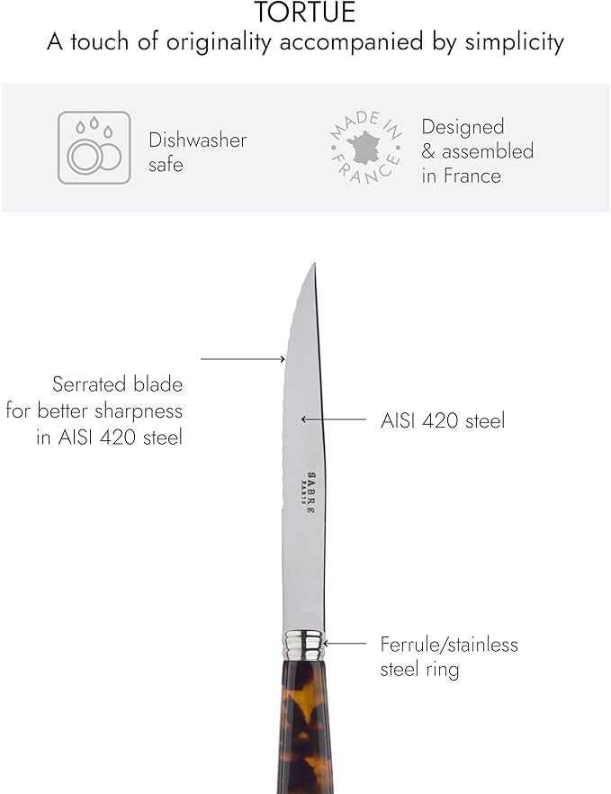 Set of 6 Serrated Steak Knives - Icône Collection - Meat Knives - Stainless Steel & Acrylic - Dishwasher Safe - White