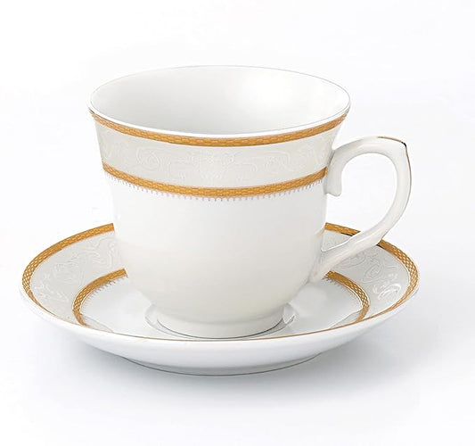 World Gifts Elegant Durable and Colorful Porcelain Tea-Coffee Cups and Saucers Set - Gold, 8 oz. Set of 4