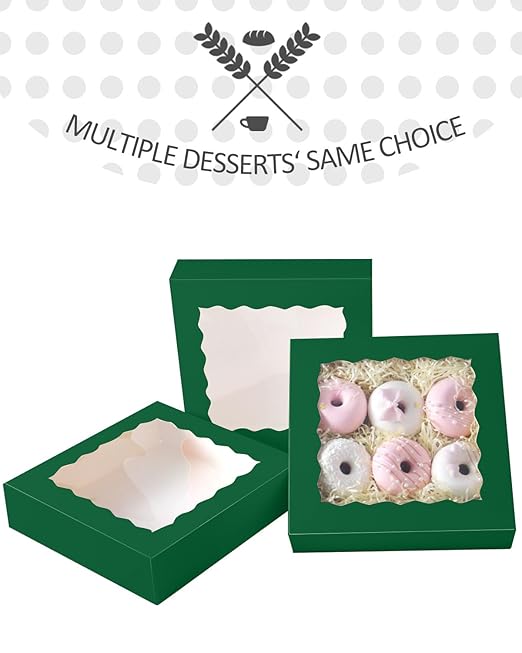 qiqee Auto-pop up Deep Green Pie Boxes with Window 10x10x2.5 inch 30Packs Cookie Donut Bakery Box