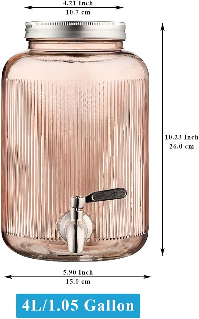 Berglander Glass Drink Dispenser for Fridge, 1 Gallon Beverage Dispenser with Leakproof Stainless Steel Spigot, Water, Laundry Detergent, Juice Dispenser for BBQ, Picnic, Parties and Events (Pink)