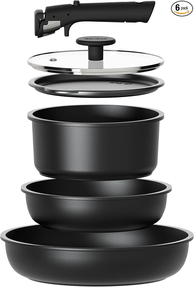 CAROTE 6pcs Pots and Pans Set Non Stick, Cookware Sets, Kitchen Set, Oven/Fridge Safe, Space Saving Pots Set, Nonstick Cooking Set with Versatile Detachable Handle, Induction RV Set, Jet Black