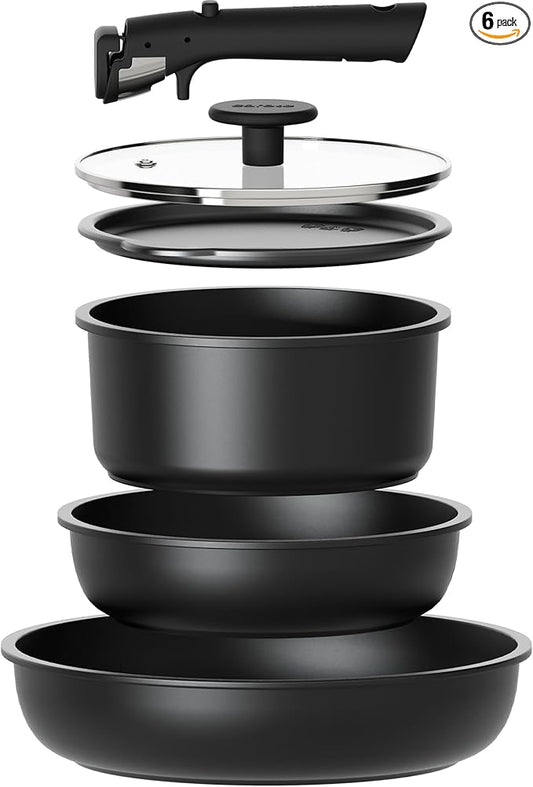 CAROTE 6pcs Pots and Pans Set Non Stick, Cookware Sets, Kitchen Set, Oven/Fridge Safe, Space Saving Pots Set, Nonstick Cooking Set with Versatile Detachable Handle, Induction RV Set, Jet Black