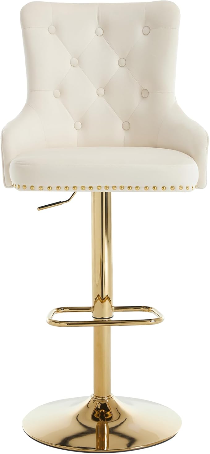 Velvet Gold Barstools Set of 2, Modern Counter Height Adjustable Swivel Stools Chairs with High Tufted Backrest Golden Base Lion Head Pull Ring Diamond Pattern Rivet Trim for Kitchen, Cream