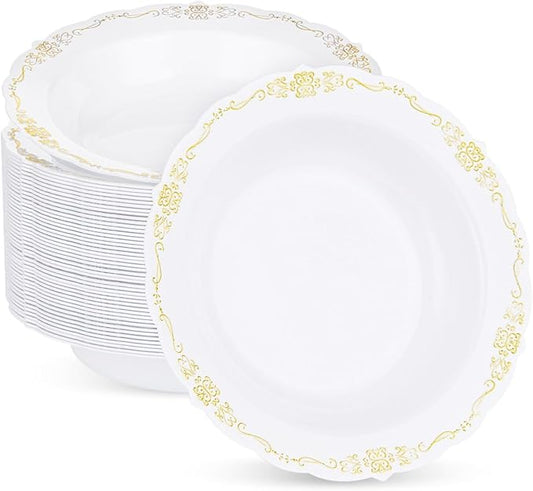 50 Pack White Plastic Bowls with Gold Rim, 12oz Disposable Soup Bowl, Heavy Duty Dinner Bowls for Party, Weddings, Dinners, Catering and Everyday Use
