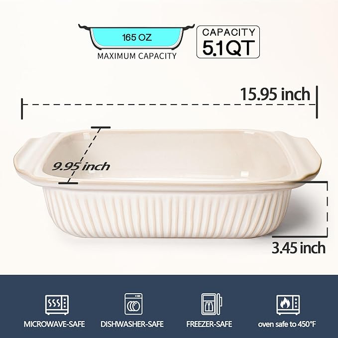 Artena Baking Dish 5.1 Quarts, Casserole Dishes For Oven, Baking Pan With Handles, Lasagna Pan Deep, Large Casserole Dish, Rectangular White Ceramic Bakeware (Only Baking Dish)