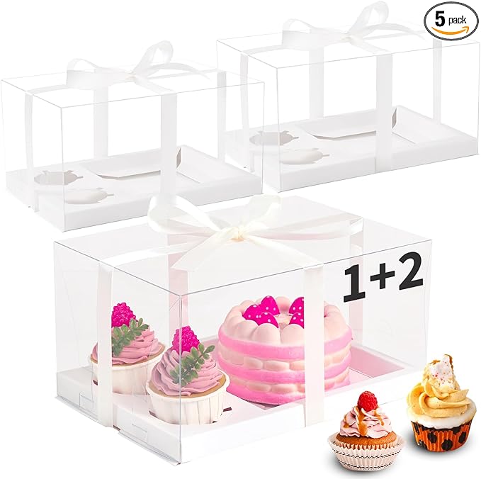 5 Pack Bento Cake and Cupcake Box with Gift Ribbon,Clear Window 1+2 Combination Bento Boxes,4-5in cake and 2 Cupcakes Combo Box Rectangle Cupcake Holder for Birthday Party Baking Supplies (1+2/5Pcs)