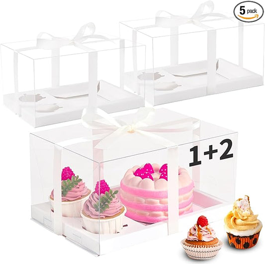 5 Pack Bento Cake and Cupcake Box with Gift Ribbon,Clear Window 1+2 Combination Bento Boxes,4-5in cake and 2 Cupcakes Combo Box Rectangle Cupcake Holder for Birthday Party Baking Supplies (1+2/5Pcs)