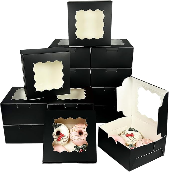 Bakepacker Black 30-Packs Bakery Boxes with Window 6x6x3 inches Thick & Sturdy Macaroon Pastry Boxes Cookie Boxes for Bakerys
