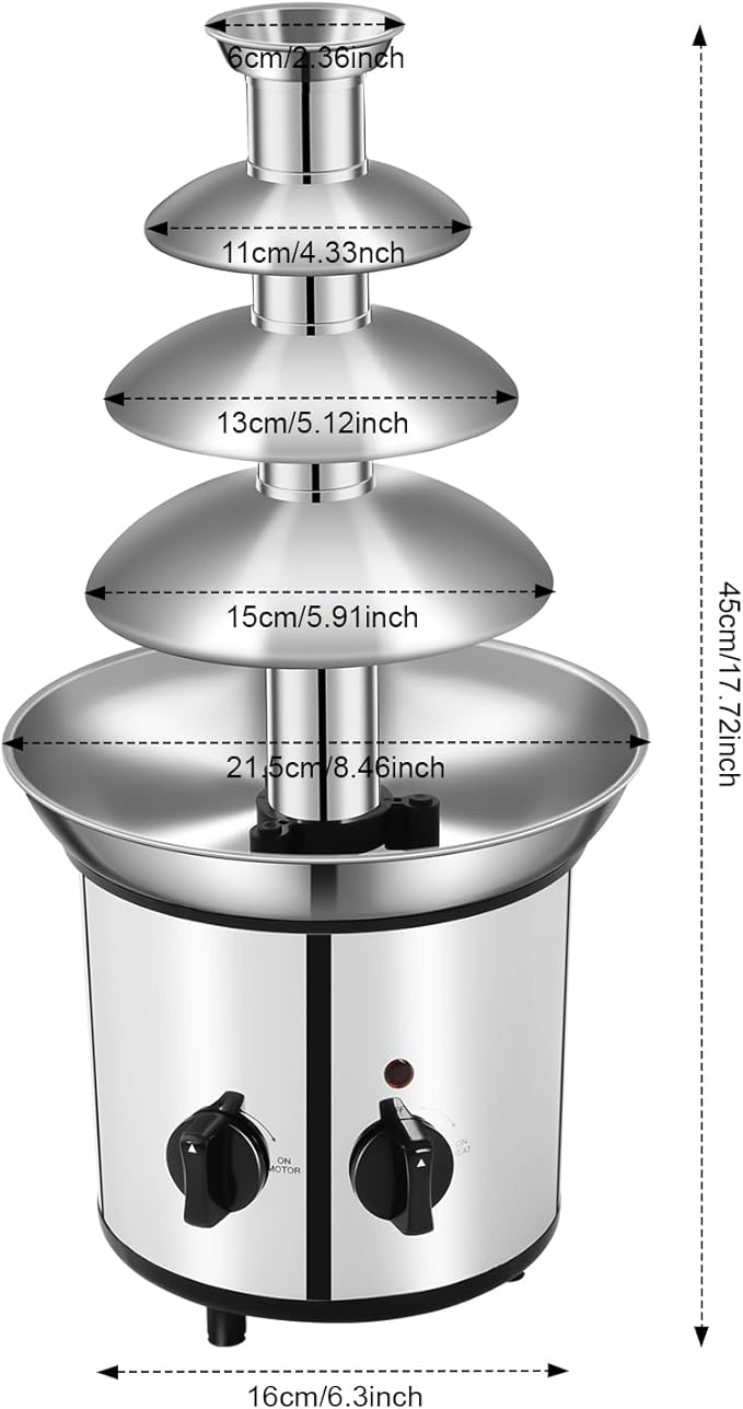4 Tier Chocolate Fountian Electric Chocolate Fondue Melting Machine 60-Ounce Stainless Steel Luxury Cheese Cascading Fondue for Parties