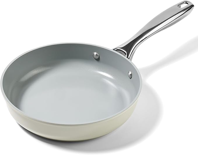 Non Stick Frying Pan, 8" Ceramic Skillet, Non Toxic Omelette Egg Pan, PFAS & PTFE & PFOA Free with Stainless Steel Handle, Dishwasher & Oven Safe, White