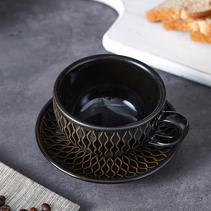 Vintage Design 12 oz Ceramic Latte Art Cappuccino Barista Cup with Saucer (Embossed Black)