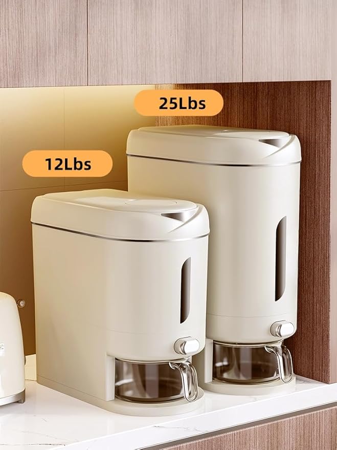Rice Dispenser Cereal Dry Food Storage Containers with Measuring Cup and Water Filter Cover,Moisture Proof Airtight Food Dispenser Bucket for Rice,Corn,Coffee Bean,Grain,Soybean and Oatmeal,White,12LB