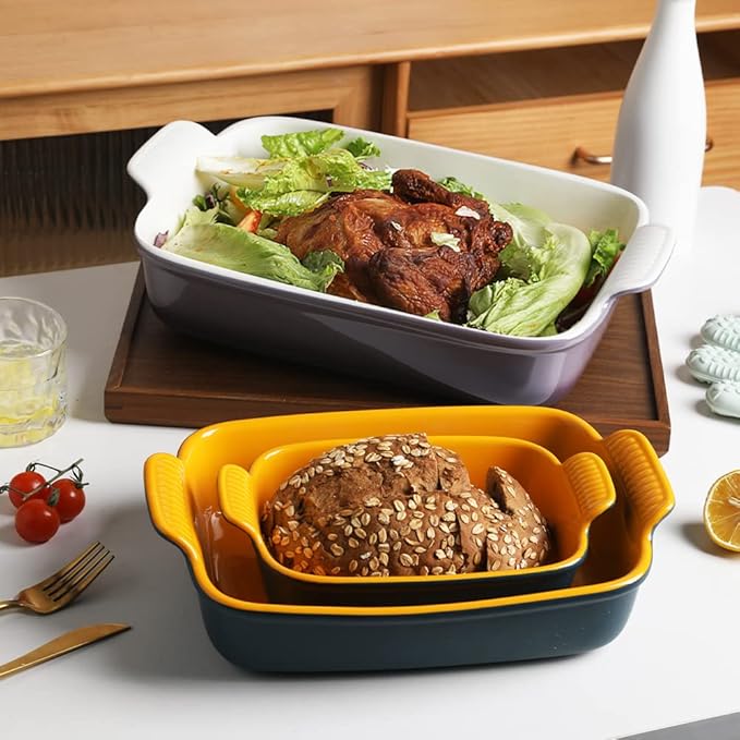 Sweejar Baking Pans Set, Ceramic 9x13 Baking Dish with Handle, Rectangular Casserole Dishes for Oven, Bakeware Sets of 3, Durable Lasagna Pan Deep for Kitchen, Banquet, Wedding Gift(Blue & Yellow)